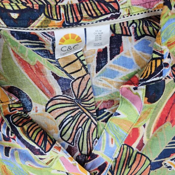 C&C California Dress Womens Medium Linen Multicolor Tropical Palm Leaf Coastal - Picture 2 of 6